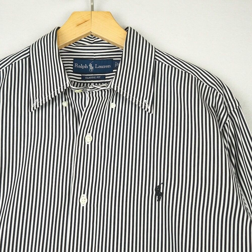 Polo Ralph Lauren Cotton Dress Shirt Men 16 34/35 Black White Stripe Classic Fit